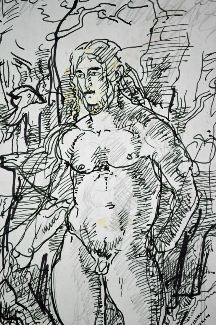 5 PEMBERTON HOMOEROTIC DRAWINGS SIGNED: Pemberton (NY 20th/21st C). Lot of 4 racy, folksy, homo erotic illustration art type drawings or sketches. The works consist of ink/paper and mixed media/paper- one mounted to illustration board. 2 of