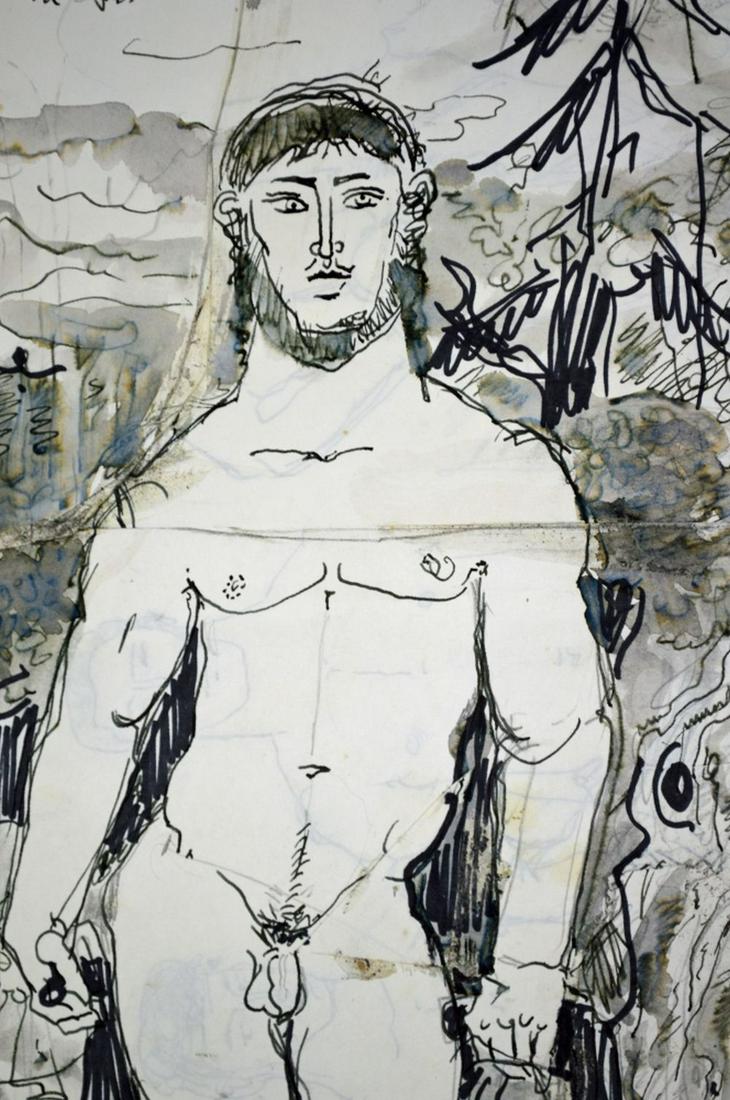 2 PEMBERTON HOMOEROTIC DRAWINGS SIGNED: Pemberton (NY 20th/21st C). Lot of 2 racy, folksy, homo erotic illustration art type drawings / collage sketches. The works consist of ink/paper and mixed media/paper. Both of the works are signed. On