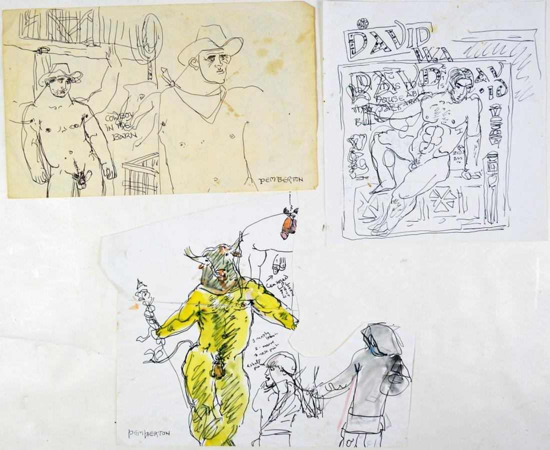 3 PEMBERTON HOMOEROTIC SKETCHES: Pemberton (NY 20th/21st C). Lot of 3 racy, folksy, homo erotic illustration art type drawings or sketches. The works consist of ink/paper and mixed media/paper. Two of the works are signed. Pemberton'