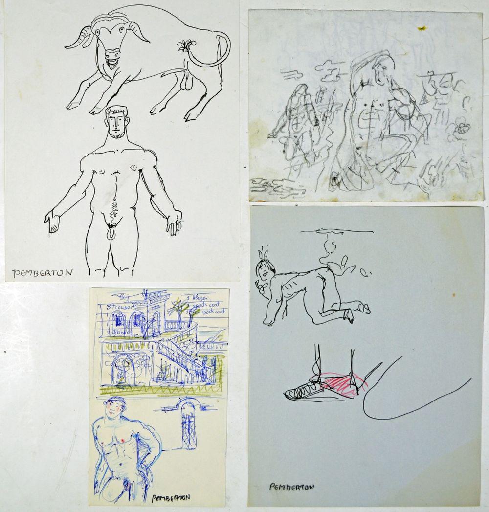 4 PEMBERTON HOMOEROTIC SKETCHES: Pemberton (NY 20th/21st C). Lot of 4 racy, folksy, homo erotic illustration art type drawings or sketches. The works consist of ink/paper and mixed media/paper. 3 of the works are signed. Pemberton's 