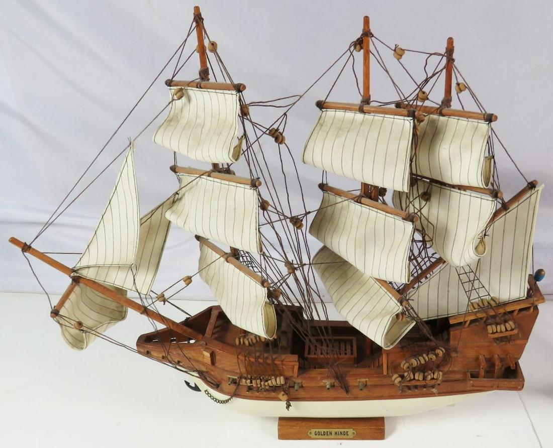 2 WOODEN MODEL SAILBOATS SAILING SHIPS: Lot of 2 vintage wooden sailing ship models. Measures: Largest H 18" x L 21" x W 3 1/2"