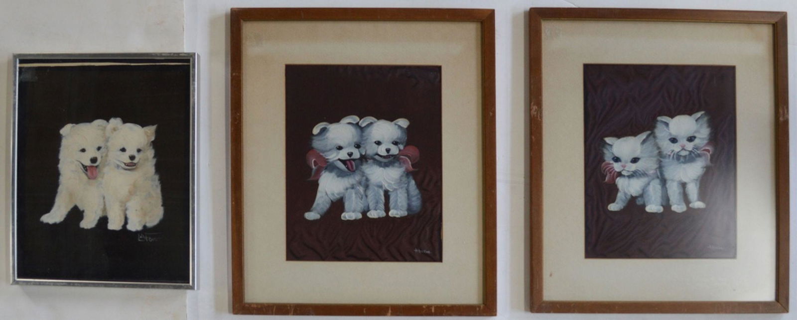 LOT 3 VINTAGE DOG & CAT PAINTINGS SIGNED: Lot of 3 vintage dog / cat paintings on silk/sateen (gouache/mixed media). All three are framed, under glass and bear a signature- 2 H. Silver, 1 - LaForet. Largest: 19" x 16" Sight: 12" x 9"
