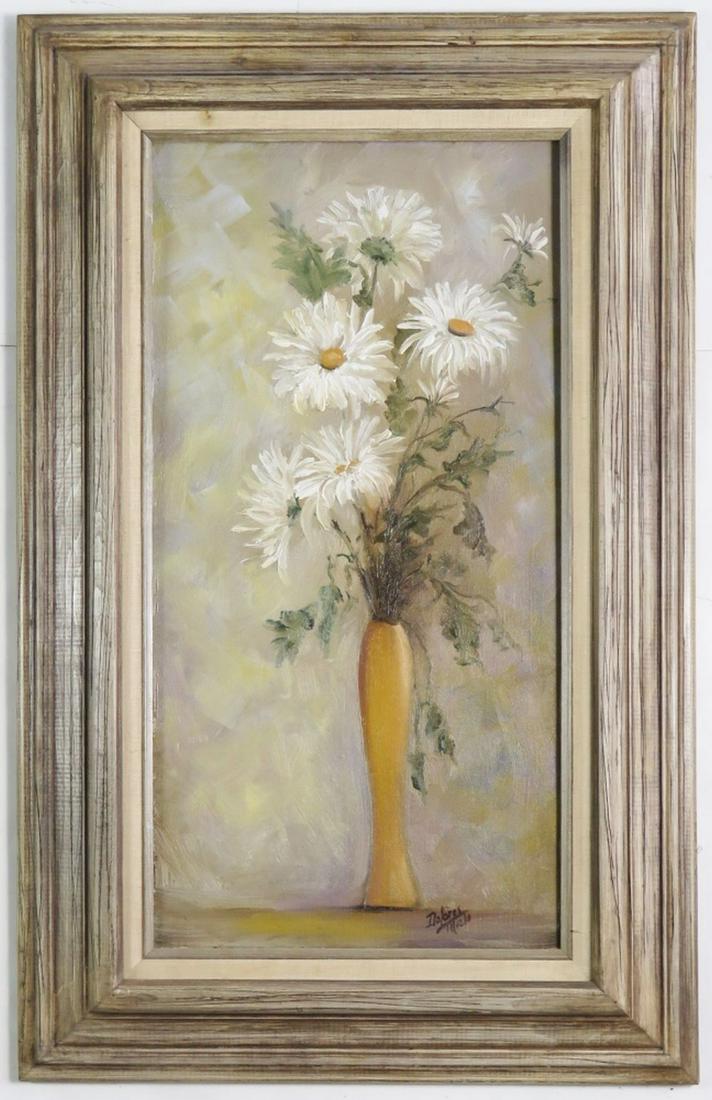 MID CENTURY FLORAL STILL LIFE PAINTING SIGNED: A mid century modern still life painting in the manner of Buffet. presented in a fine mid century frame. The work is oil/canvas and is signed, illegibly. Measures: H 31 3/4" x L 19 3/4" Rabbet: 24 1/4