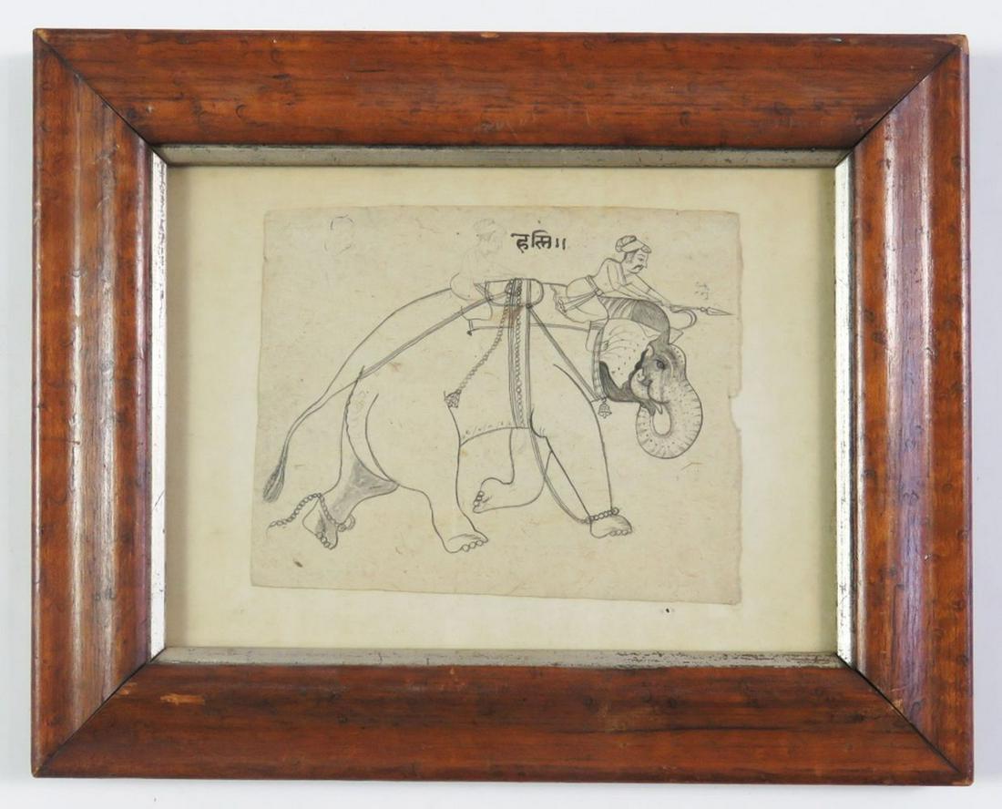 19TH C INDIAN SCHOOL SKETCH MAN ON WAR ELEPHANT: An Indian School drawing on paper of a war elephant and riders with spear. Likely 18th/19th C. The work is framed, under glass, in an antique maple frame. Measures: H 9 1/4" x L 11 1/4" Sight: 6" x 8"
