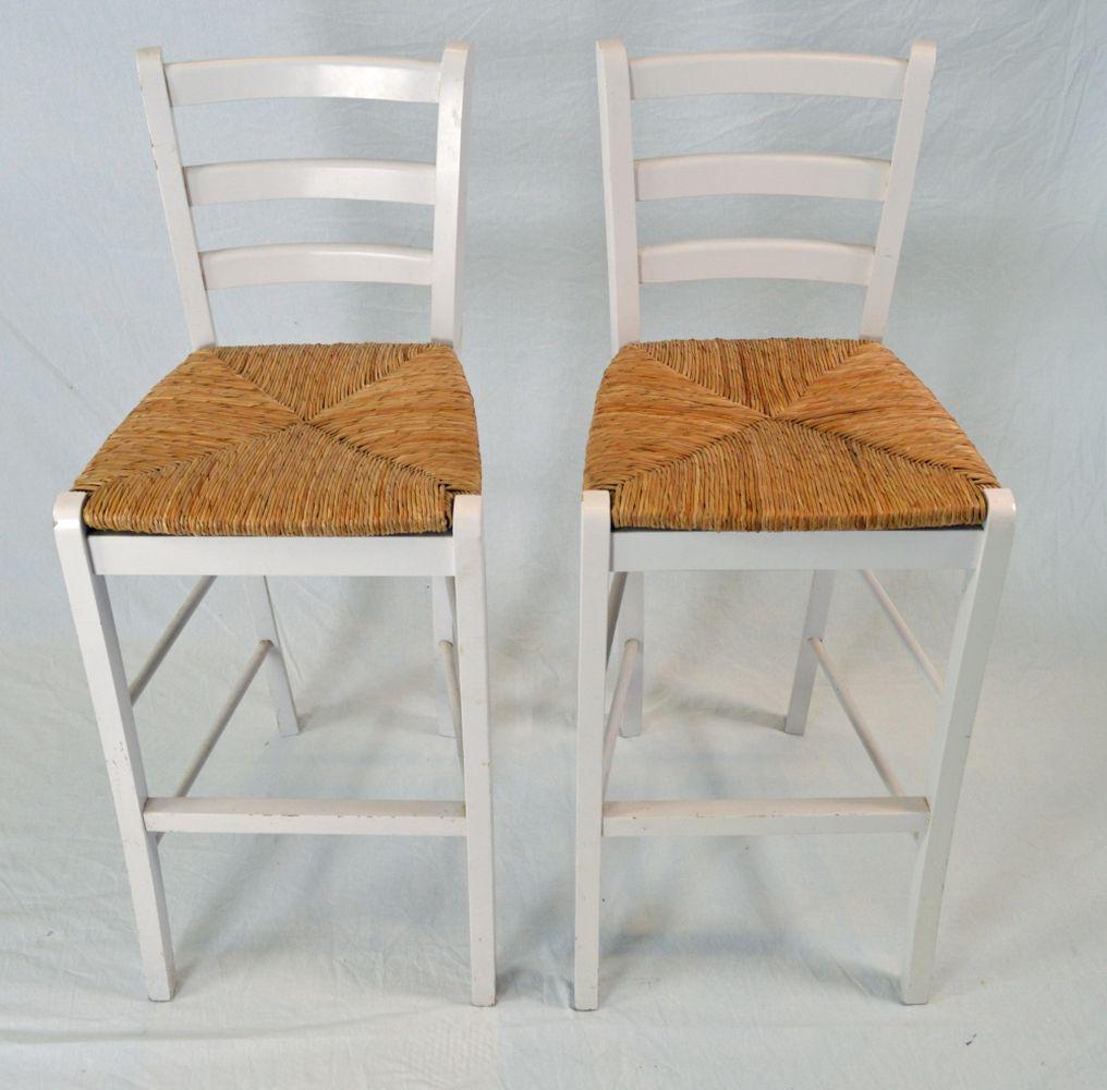 PAIR MODERN WHITE RUSH SEAT BAR STOOLS (1 of 5)
