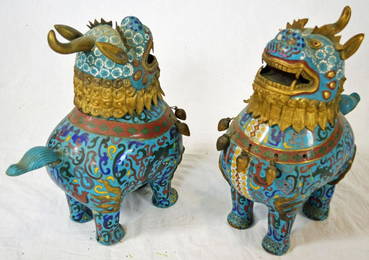 PAIR FINE ANTIQUE CHINESE CLOISSONE FOO DOGS