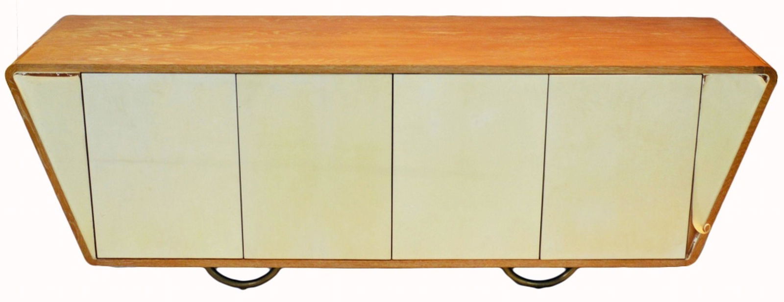 MODERN GONDOLA PARCHMENT CREDENZA: A fine designer modern parchment fronted gondola shaped credenza in a lightly cerused oak case with a decorative wood grain back. Removeable shelves. Credenza does not appear to be signed. Measures: H
