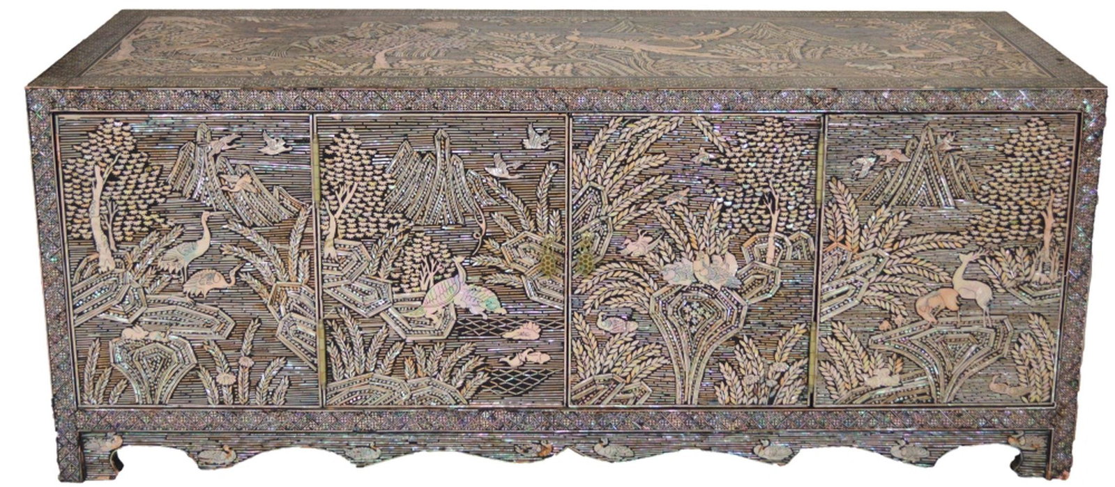 FINE INLAID MOTHER OF PEARL & LACQUER CHEST: A finely made black lacquer chest with extensively worked and inlaid mother of pearl depicting many animals, including birds, in nature. Likely of a Chinese / Korean origin. Measures: H 14 1/2" W 35 3