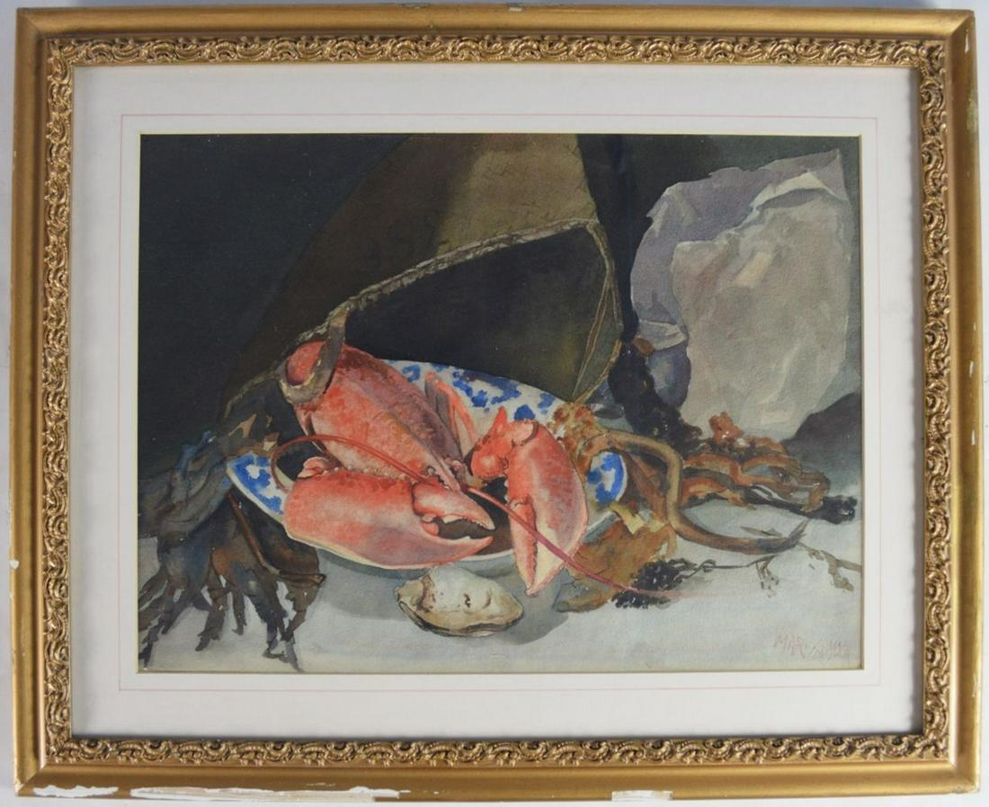 MARY ARMOUR 1902-2002 PAINTING SIGNED: Mary Nicol Neill Armour (Scotland 1902-2002). A good watercolor/paper painting of a Still Life with Lobster. The work is signed. It is presented in a gilt frame, under glass. Measures: H 20" x L 24 1/