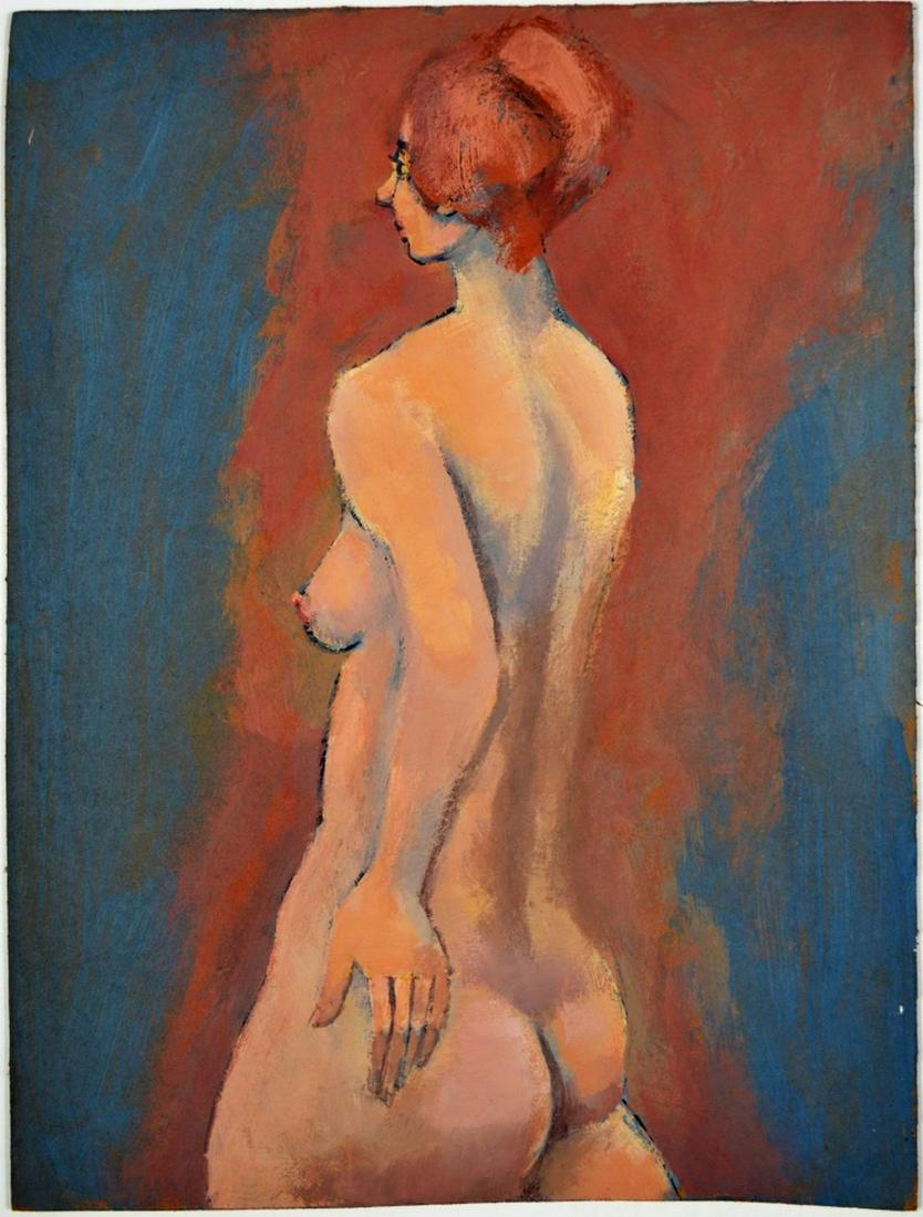 20TH C PAINTING OF A NUDE WOMAN IN PROFILE: A mid century modernist American school painting of a nude woman. Tastefully erotic. The work is not signed and is unframed. The medium is oil/board. Measures: 16'' X 12''