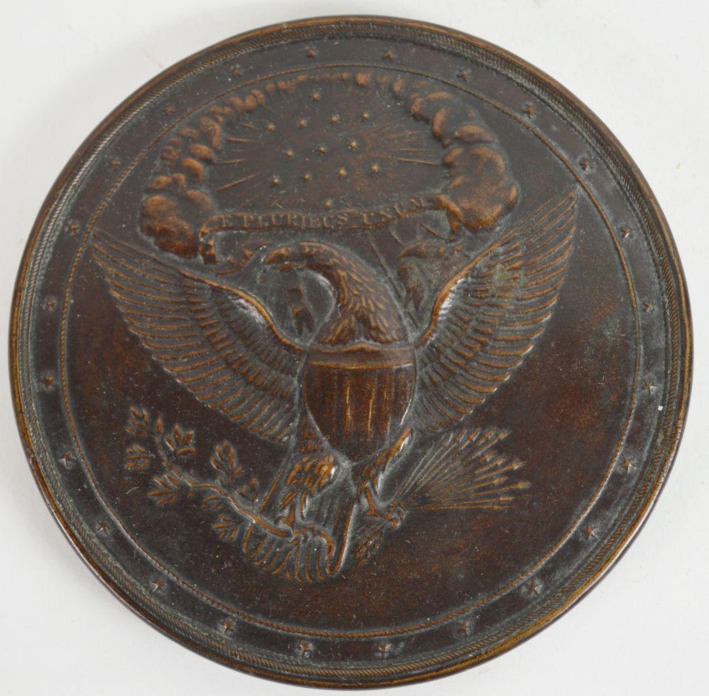BRONZE US GREAT SEAL EAGLE SCULPTURE / MEDALLION: An impressive bronze example of the Great Seal of the United States, originally designed by Charles Thomson, 1792. Finished in a rich, dark, patina. It is not signed. Measures: D 5" x Approx. 3/8" thi
