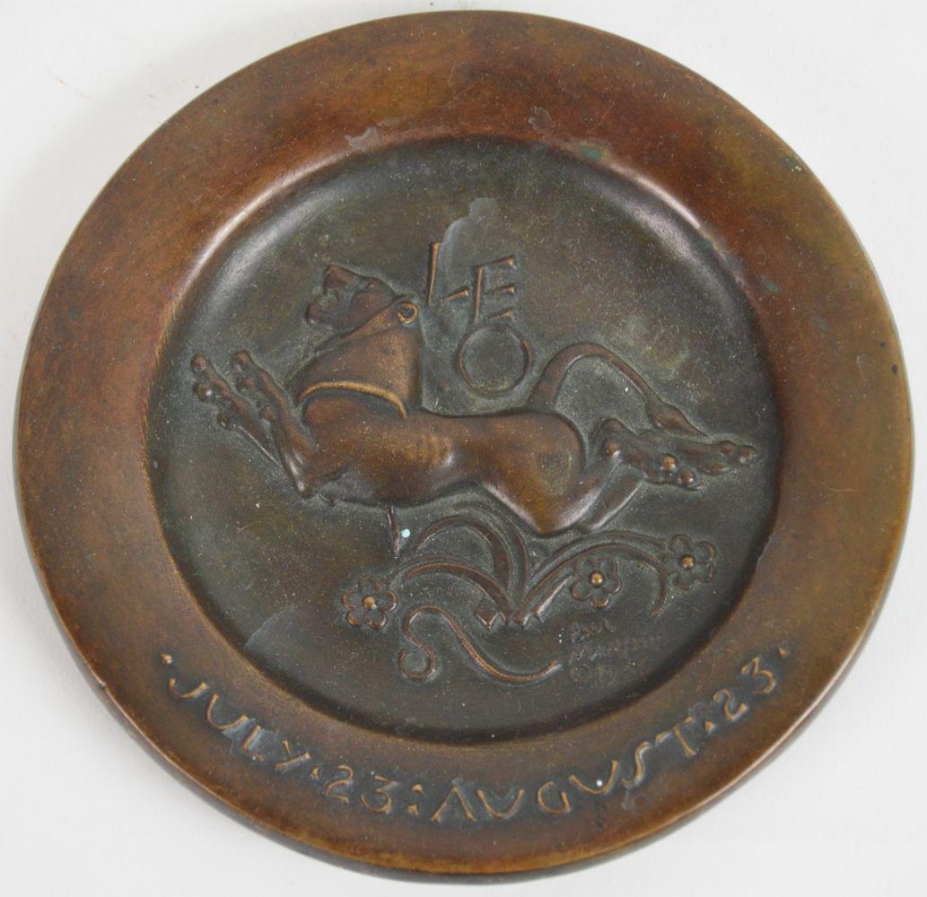 PAUL MANSHIP 1885-1966 BRONZE SIGNED: Paul Howard Manship (NY/NH 1885-1966). A heavy bronze sculpture in an astrological plate form. The work is titled "Leo". It is signed and bears an incised foundry mark, verso. Measures: D 6"