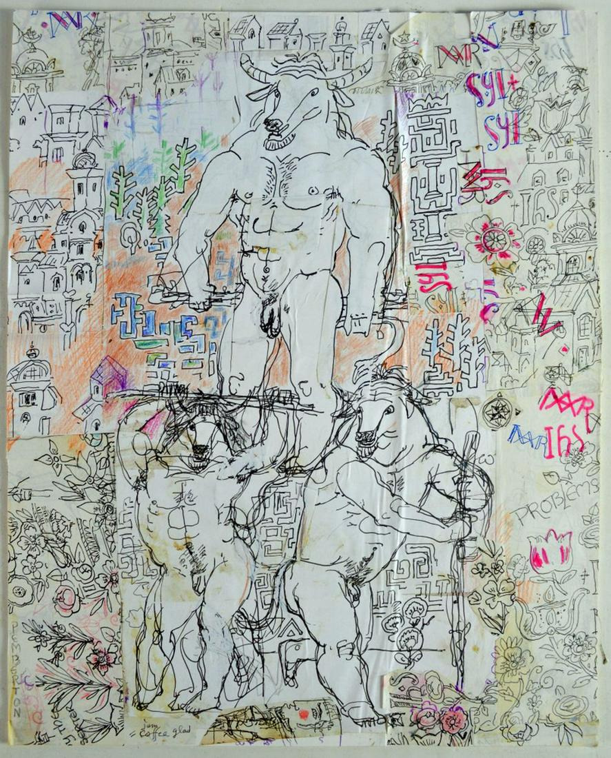 HOMOEROTIC ILLUSTRATION ART SIGNED PEMBERTON: Pemberton (NY 20th/21st C). A racy, folk art homo erotic sketch of a masculine Minotaur. One of the sketches covers both sides and has a collage aspect -see photos. The work consist of mixed media/pap