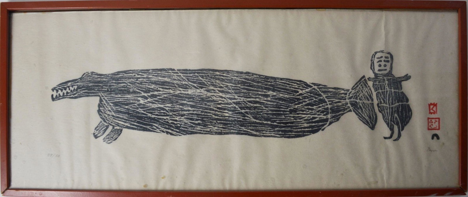 PARR KINNGAIT INUIT STONECUT ON PAPER SIGNED: Parr (1893-1969) Kinngait (Cape Dorset). A fine stone cut print titled, "Man and Whale", (1962). The work is signed, and numbered (edition of 50), in pencil. The work is framed, under glass. Measures: