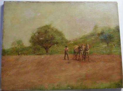 WILLIAM HOWE 1846-1929 FARMSCAPE PAINTING: William Henry Howe (NY 1846-1929). A fine landscape painting of a farmer with a team of horses plowing a field. The work is oil/canvas and is signed with Howe's monogram / initials. It is not