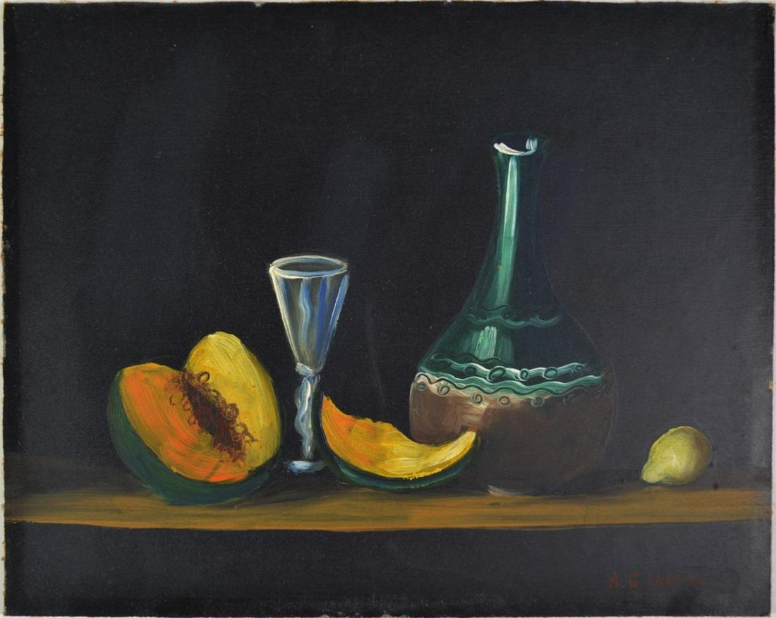 OLD MASTER STYLE STILL LIFE PAINTING SIGNED: A Spanish school old master style modern still life painting of fruit and wine. The work is oil/masonite and is signed: A. G. Fuentes. Measures: 9 1/4'' X 11 1/2''