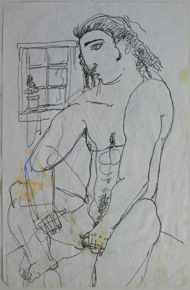 PEMBERTON HOMOEROTIC MALE FIGURE SKETCHES SIGNED: Pemberton (NY 20th/21st C). 2 racy and folksy, homo erotic illustration art type drawings / sketches. One of the sketches covers both sides. The works consist of ink/paper and mixed media/paper. One i
