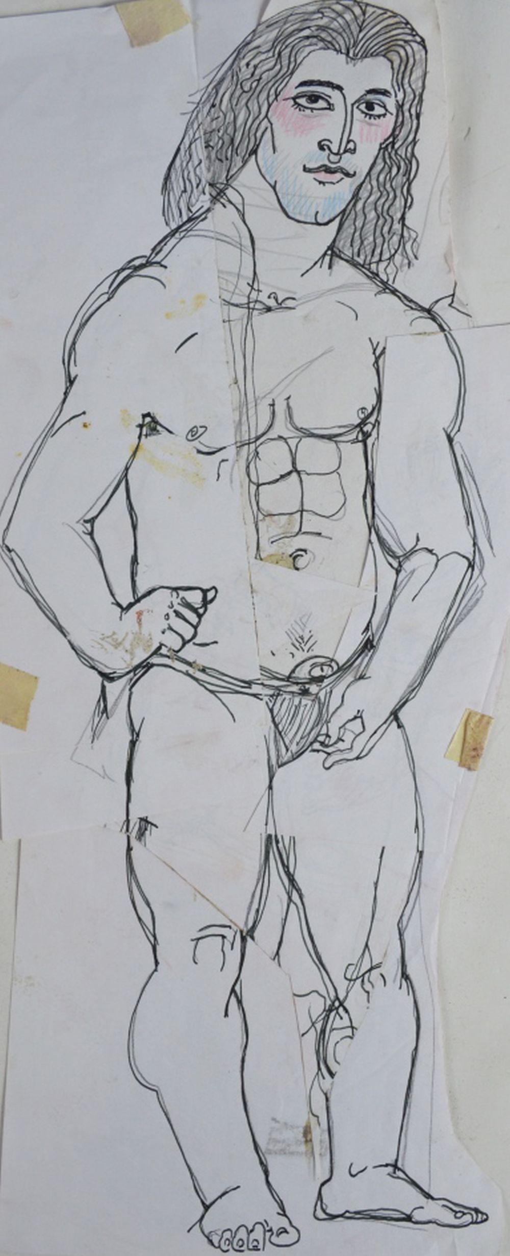 PEMBERTON 3 HOMOEROTIC DRAWINGS SIGNED: Pemberton (NY 20th/21st C). 3 racy and folksy, homo erotic illustration art type drawings / sketches. The works consist of ink/paper and mixed media/paper. One is a collage type work. 2 are signed. Pe