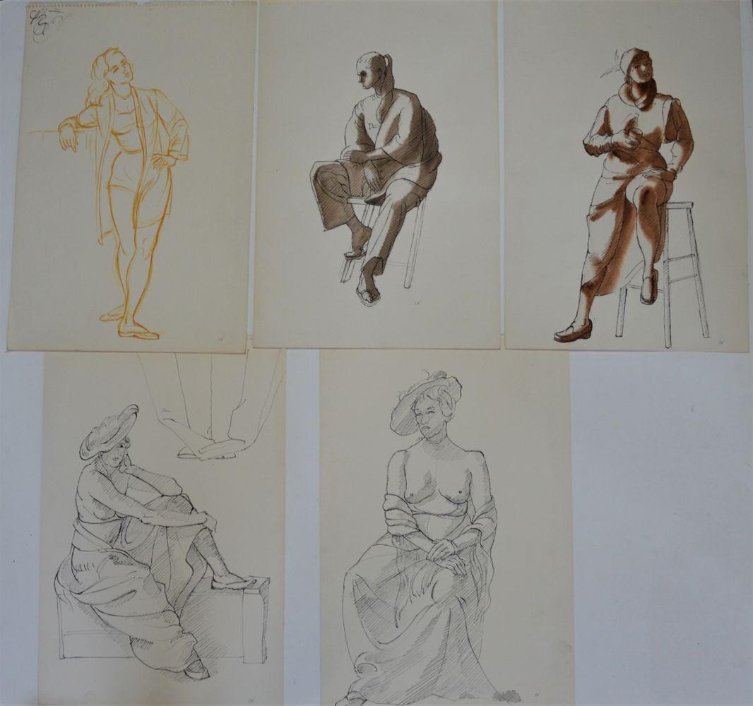 5 CHARLES VUKOVICH FIGURAL PAINTINGS 1SEMI NUDE: Charles Blaze Vukovich (NY/NJ 1917-1986). Lot of 4 figural paintings/drawings of women in relaxed poses. One is a semi-nude. They appear to be illustration art type works. Mixed media on paper. All ar