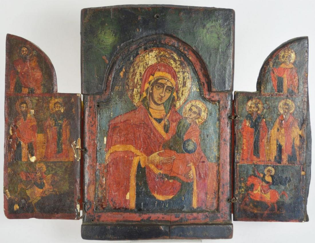 ANTIQUE CARVED POLYCHROME RELIGIOUS TRIPTYCH ICON (1 of 5)