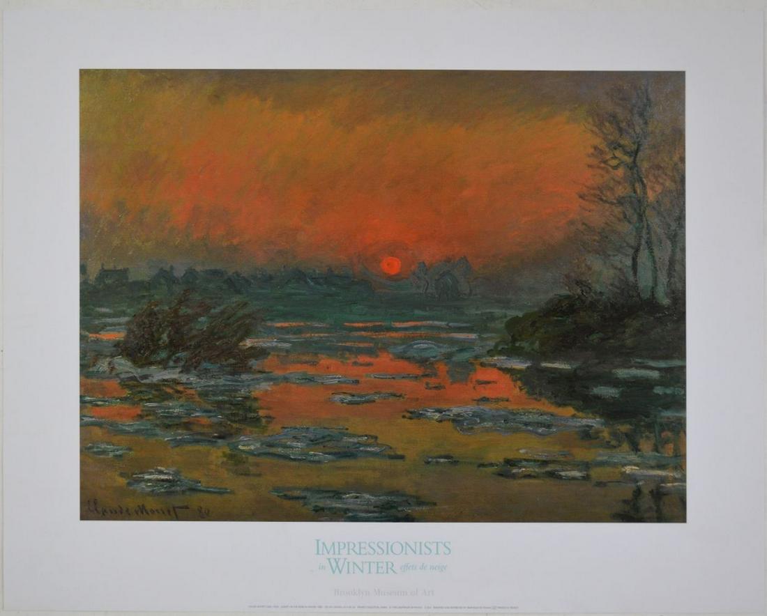MONET IMPRESSIONIST EXHIBITION POSTER BAM: A vintage Monet (Sunset on the Seine in Winter) exhibition type poster titled: "Impressionists in Winter" 'Effets de Neige' from the Brooklyn Art Museum. Circa 1998. Printed in France, distributed by 