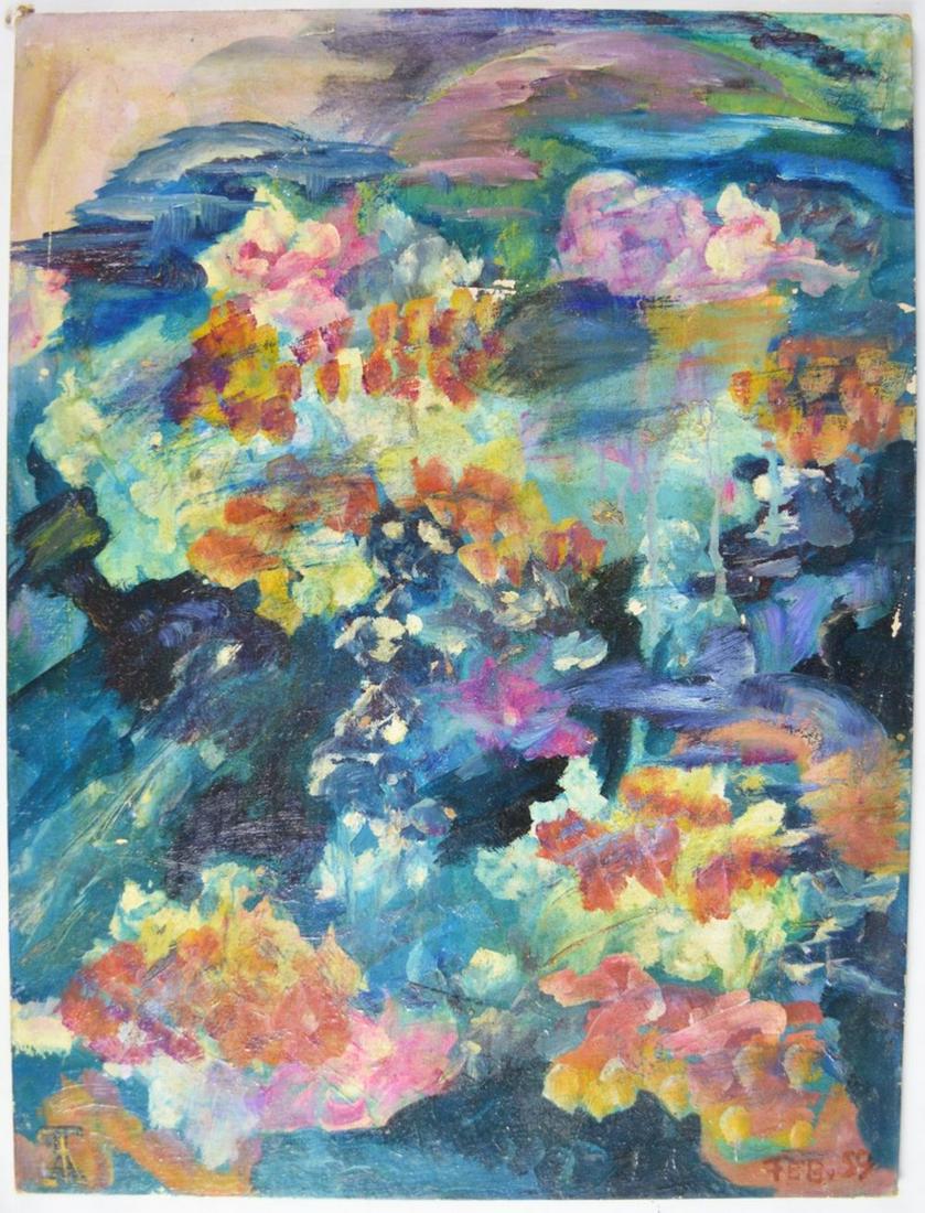 MODERN SURREALIST OUTSIDER ART PAINTING SIGNED: A mid century, circa 1950-60's outsider surrealist 2-sided painting. Signed, with the artist's monogram on back. Dated Feb. 59' Measures: H 24" x L 18" Measures: