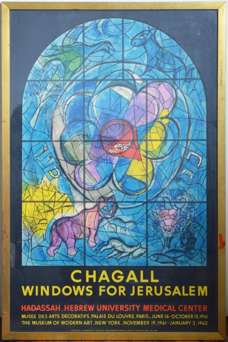 MARC CHAGALL WINDOWS FOR JERUSALEM POSTER MOURLOT: A vintage Marc Chagall (1887-1985) exhibition poster for the Hadassa Medical Relief Association 1961: Titled: "Windows for Jerusalem". Printed by Mourlot. Framed, under glass. Far Gallery (NY) label,