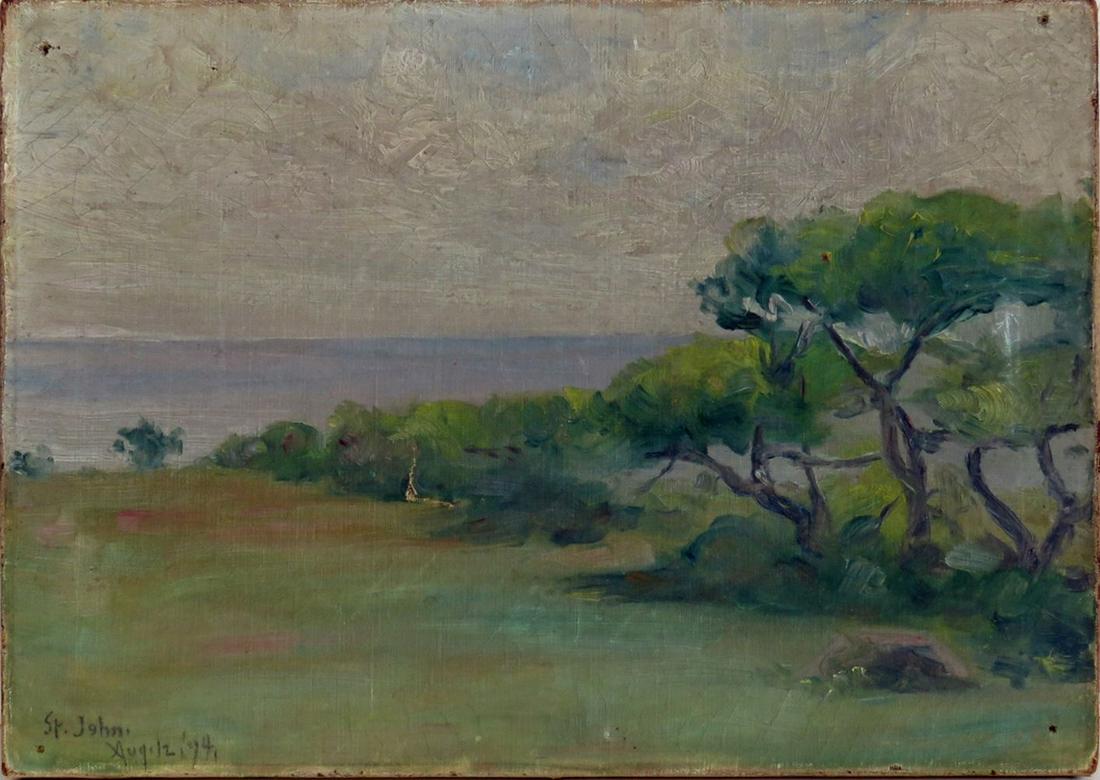 AMERICAN SCHOOL LANDSCAPE PAINTING SIGNED ST. JOHN: American school coastal landscape painting. The painting is o/c and is signed St. John, and dated. The work is in the manner of landscapes by James St. John (1872-1957 California). Measures: Work 10 1