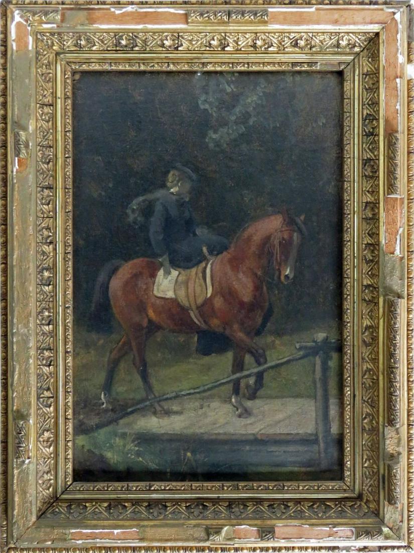 19TH C EQUESTRIAN PAINTING OF A WOMAN RIDING: !9th C. German school painting of a women riding a horse. The painting is o/b and is signed/inscribed, verso, somewhat illegibly - possibly Henneberg. It is framed in a period gilt frame. Measures: Fr