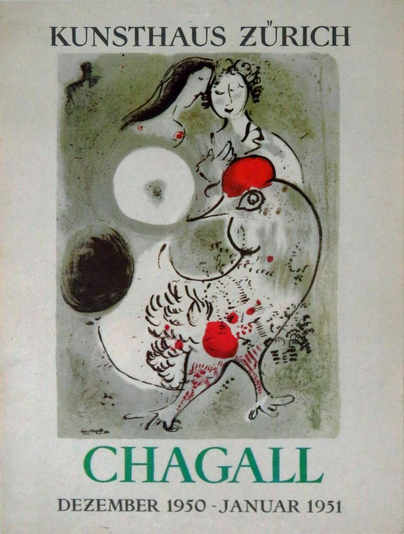 MARC CHAGALL KUNSTHAUS ZURICH 1950-1951 LITHOGRAPH: Marc Chagall (Russian/French, 1887-1985).Small lithographic exhibition poster, 1951 Kunsthaus, Zurich. Signed in plate. Printed on heavy paper stock. Measures: 13 1/4" x 9 3/4"