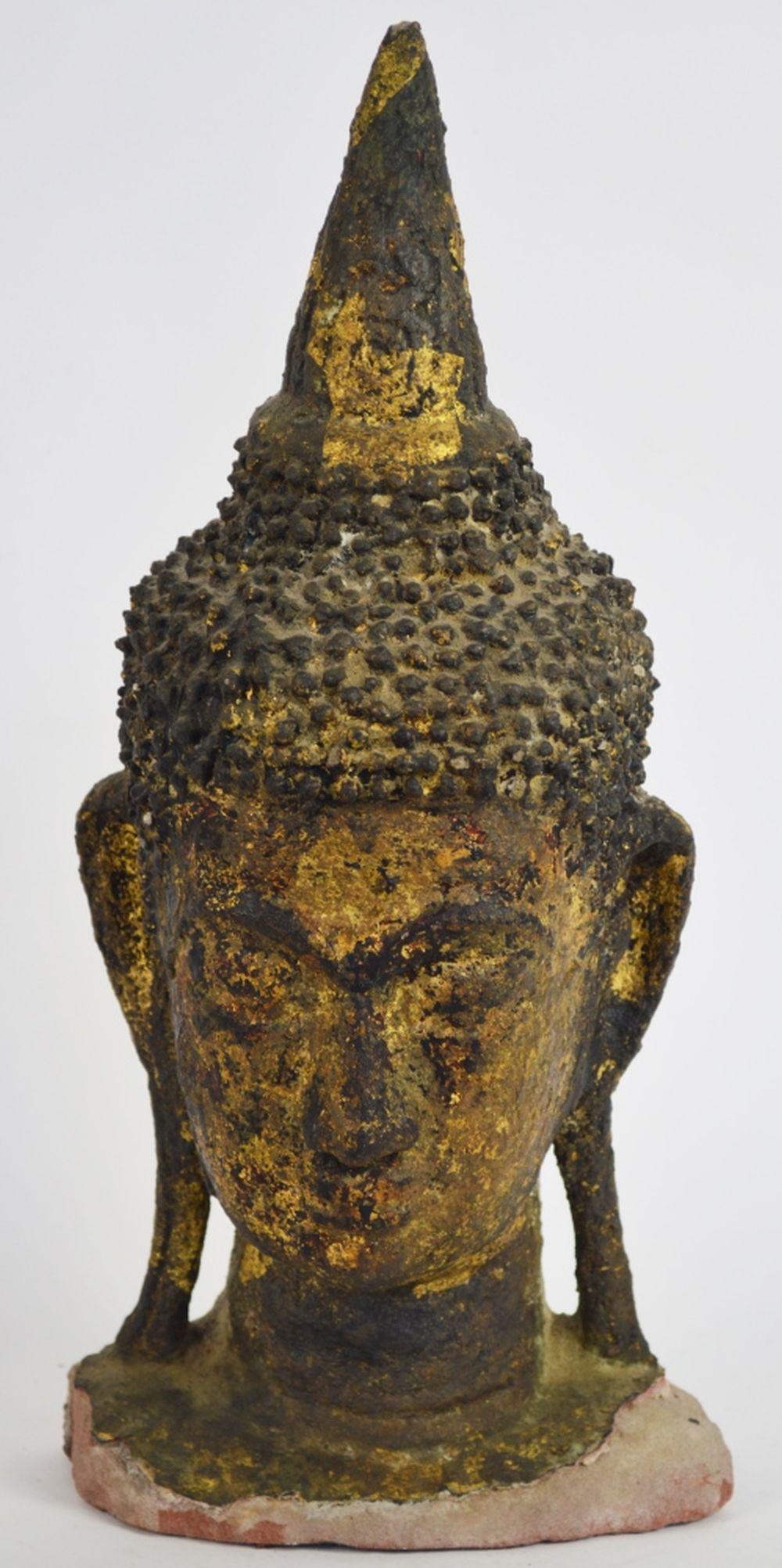 ANTIQUE CARVED GILT & LACQUER STONE BUDDHA HEAD (1 of 7)