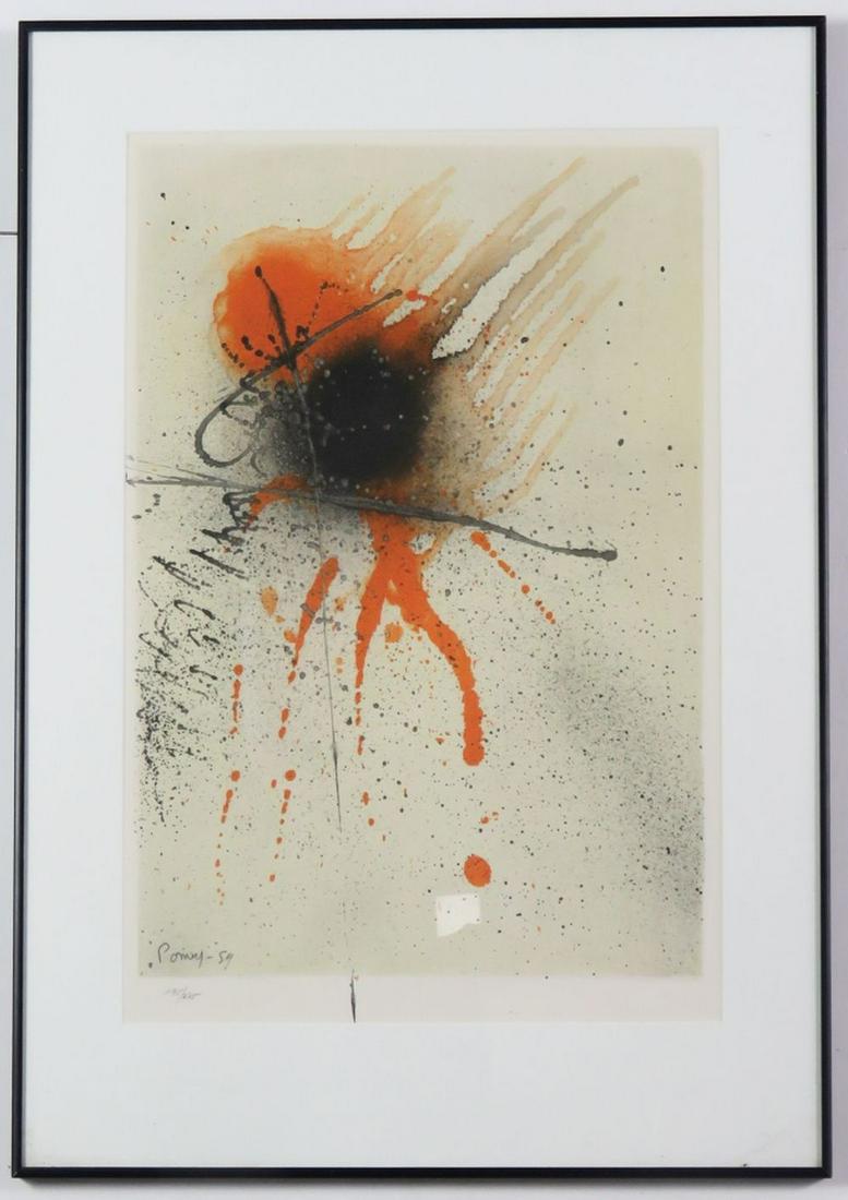 MODERN ABSTRACT LITHOGRAPH SIGNED: Bernard Pomey (Fr. 1928-1959). A signed (in the plate) and numbered (in pencil, from an edition of 275) abstract lithograph. The work resembles works by Adolph Gottlieb. The work is framed, under glas