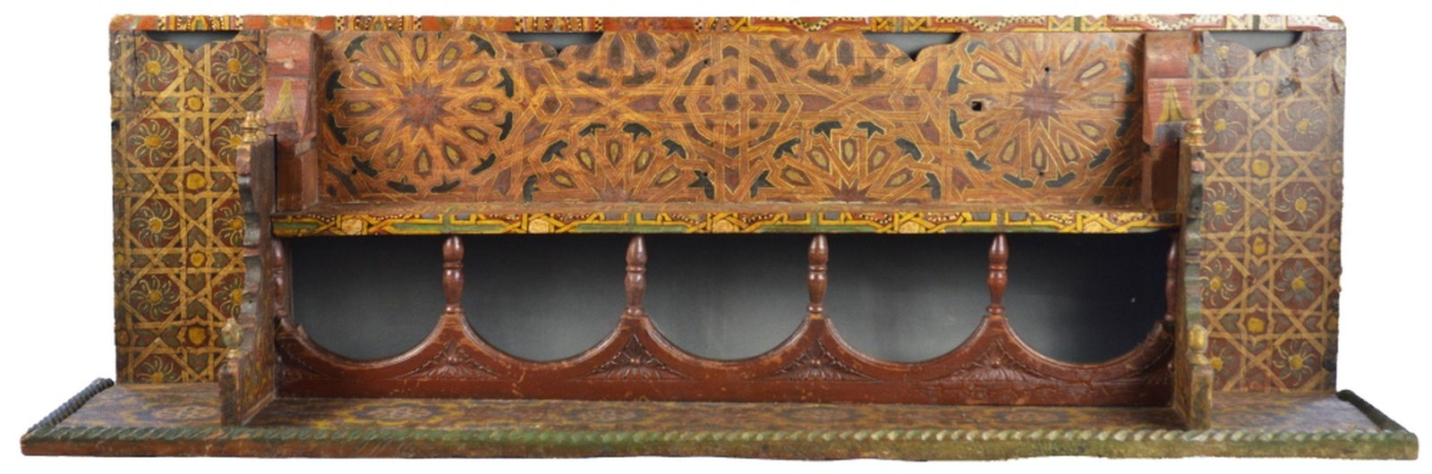 ANTIQUE ANGLO INDIAN POLYCHROME WOOD HANGING SHELF: A good, antique, polychrome wood shelf. Measures: H 18 1/2" x W 55" x D 13 1/2"