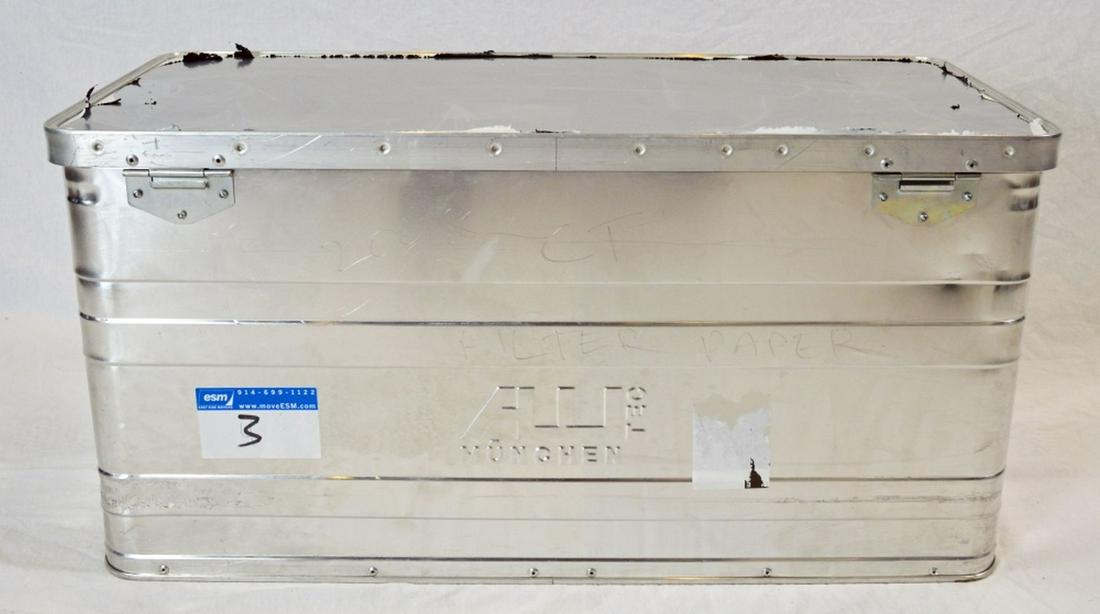 ALUTEC ALPOS ALUMINUM LATCHING BOX: Alutec (Munchen, Germany) aluminum all purpose latching box. Note: keys included for lock. Measures: H 15" W 30 1/2" D 14 1/2" Provenance: Property of a C-level biotech executive.