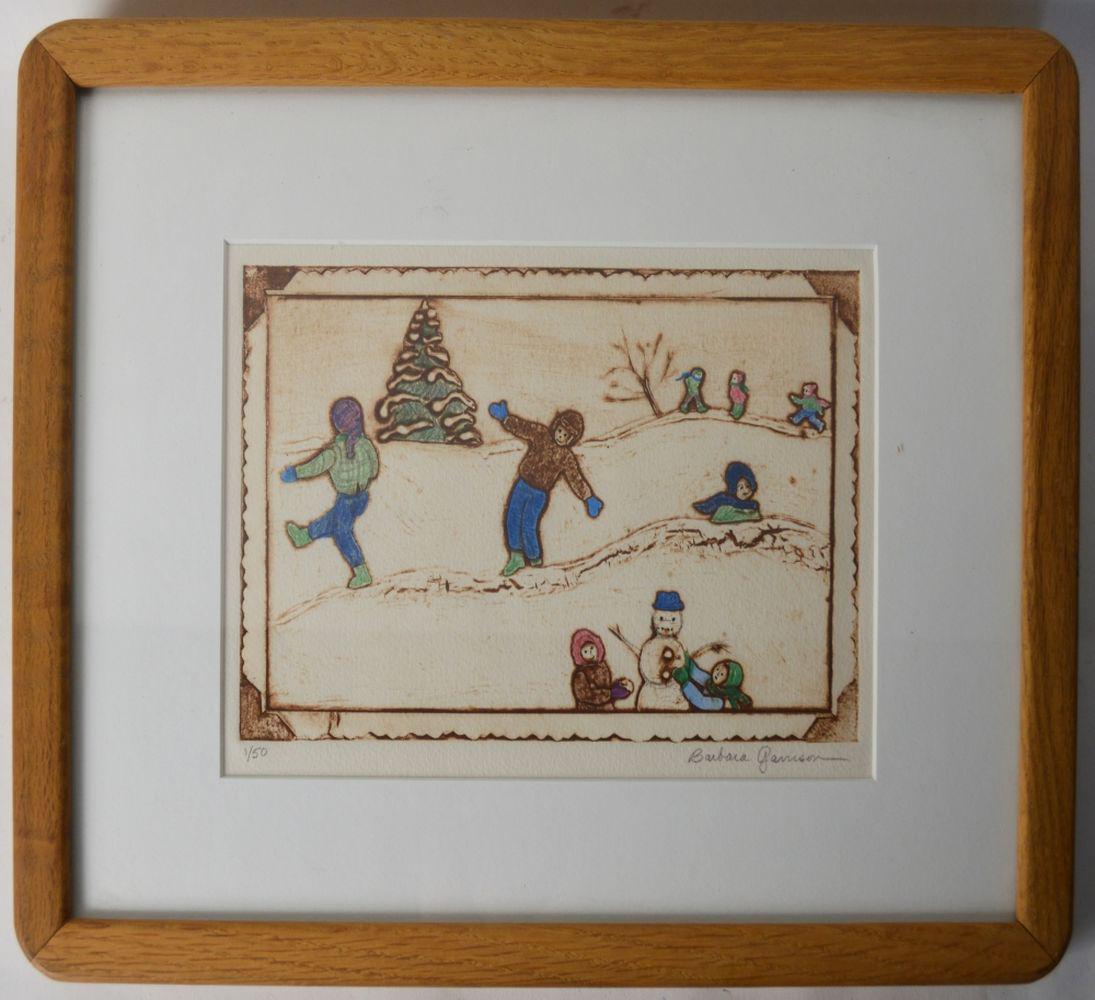 BARBARA GARRISON SIGNED COLLAGRAPH: Barbara Garrison (US/UK B. 1931). A collagraph with aquatint. The work is finely framed in a teak modernist frame, under glass. It is signed and is from editions of 50, verso. From the publication "On