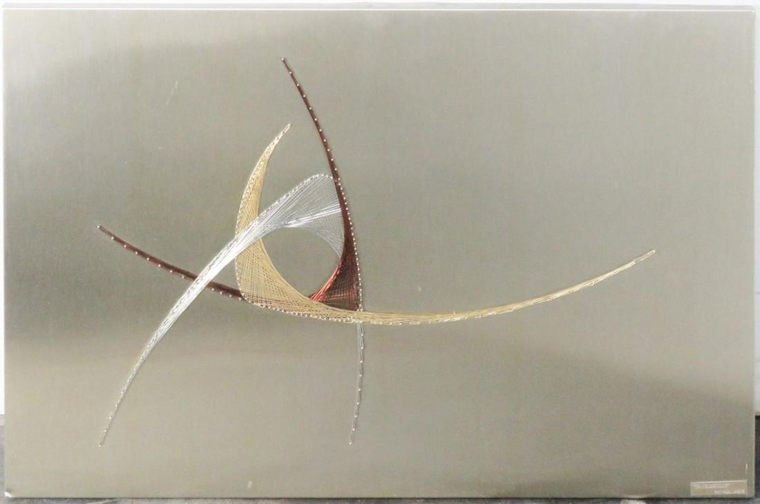 MODERNIST METAL STRING WALL SCULPTURE: Raoul Lametz (1934-2002). A modern Symmography wire metal wall work. Mixed wire on stainless steel sheet. Lametz was known to utilize gold and silver wire in his works. Early example of modernist meta