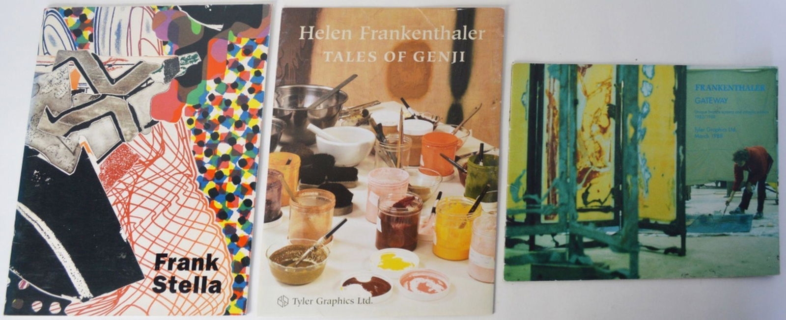 FRANK STELLA LARRY RIVERS FRANKETHALER CATALOGUES: A lot of exhibition catalogues/monographs and process related works from Frank Stella, Larry Rivers, and Helen Frankenthaler. Note that Dick Polich is photographed working with Helen Frankenthaler in
