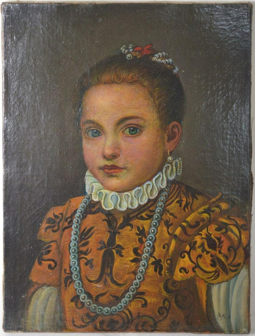 OLD MASTER STYLE YOUNG GIRL PORTRAIT SIGNED: Alessandro Maffei (Italy). An old master style portrait of "Redeni's House Child" after Giovanni Battista Moroni (Italy 1520-1579). The work is oil/canvas and is signed. Accompanied by an guaranty/cer