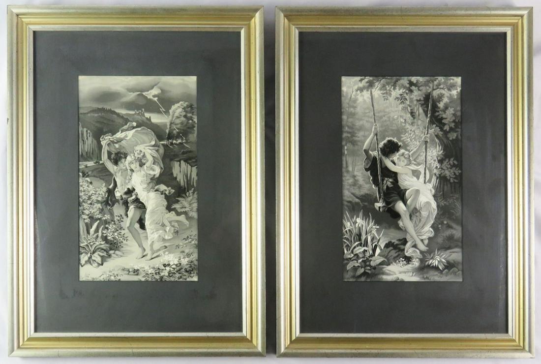 2 ANTIQUE STEVENGRAPHS FRAMED ROMANTIC SCENES: Pair of romantic scenes (after the antique painted works) executed in woven fabric, e.g. Stevengraphs.. Framed, under glass. NOTE- NOT EXAMINED OUT OF FRAME. Measures: H 22" x L 16" Sight: 13" x 7 1/2