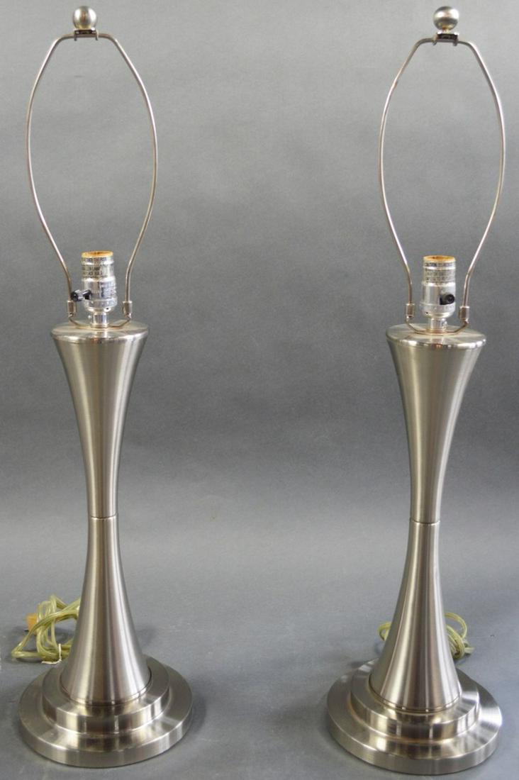 PAIR MODERN BRUSHED METAL LAMPS LIGHTING: A pair of modern brushed nickel finished designer lamps. Measures: H 30" x D 7 1/2"