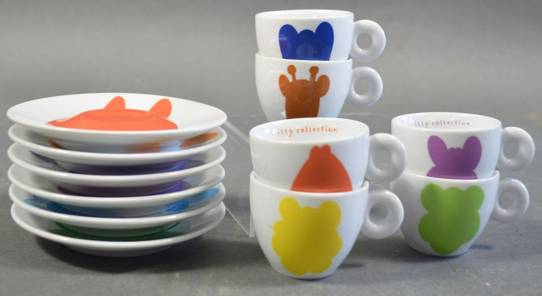 JEFF KOONS ROSENTHAL ILLY ESPRESSO SET: Jeff Koons (B. 1955) NY. A complete set of 6 expresso cups and saucers. From the Illy collection by Rosenthal porcelain. Signed / marked to bottom and dated (2001). Measures: Plate D 5"