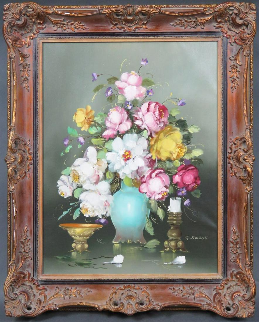 FLORAL STILL LIFE PAINTING SIGNED W GOOD FRAME: Continental School (20th Century) oil on canvas, floral still life with candle, signed G. Kaboli. The work is framed in a good bronze gilt French style frame. Measures: H 25 1/4" x W 21 1/4" Rabbet: 2