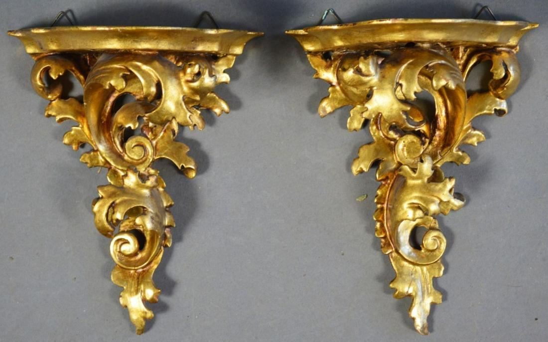 VINTAGE PAIR  ITALIAN CARVED GILT SCONCES SHELVES (1 of 4)