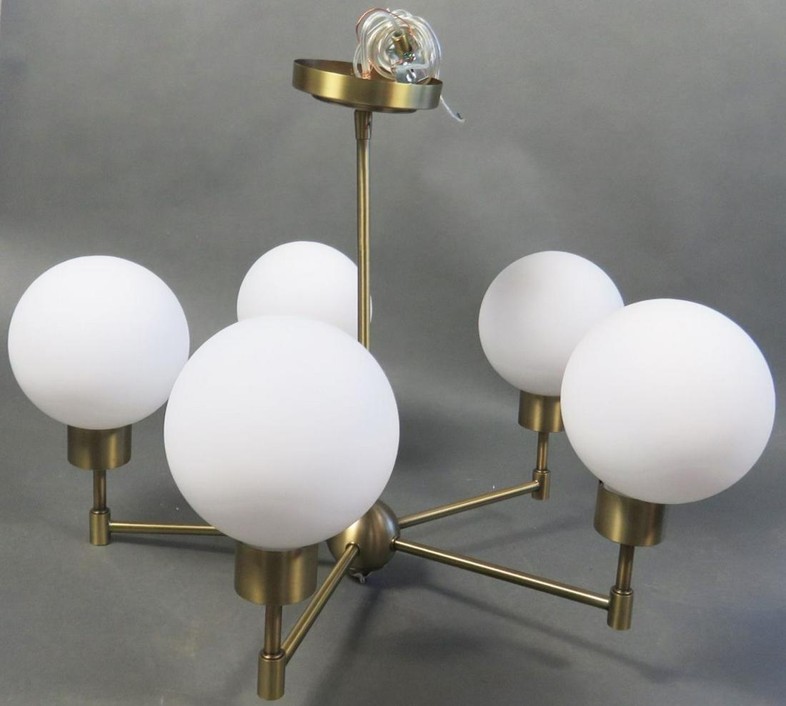 CONTEMPORARY 5 ARM MODERNIST CHANDELIER: Contemporary brass colored and frosted glass globe chandelier. Measures: H. 18", Dia. 24"