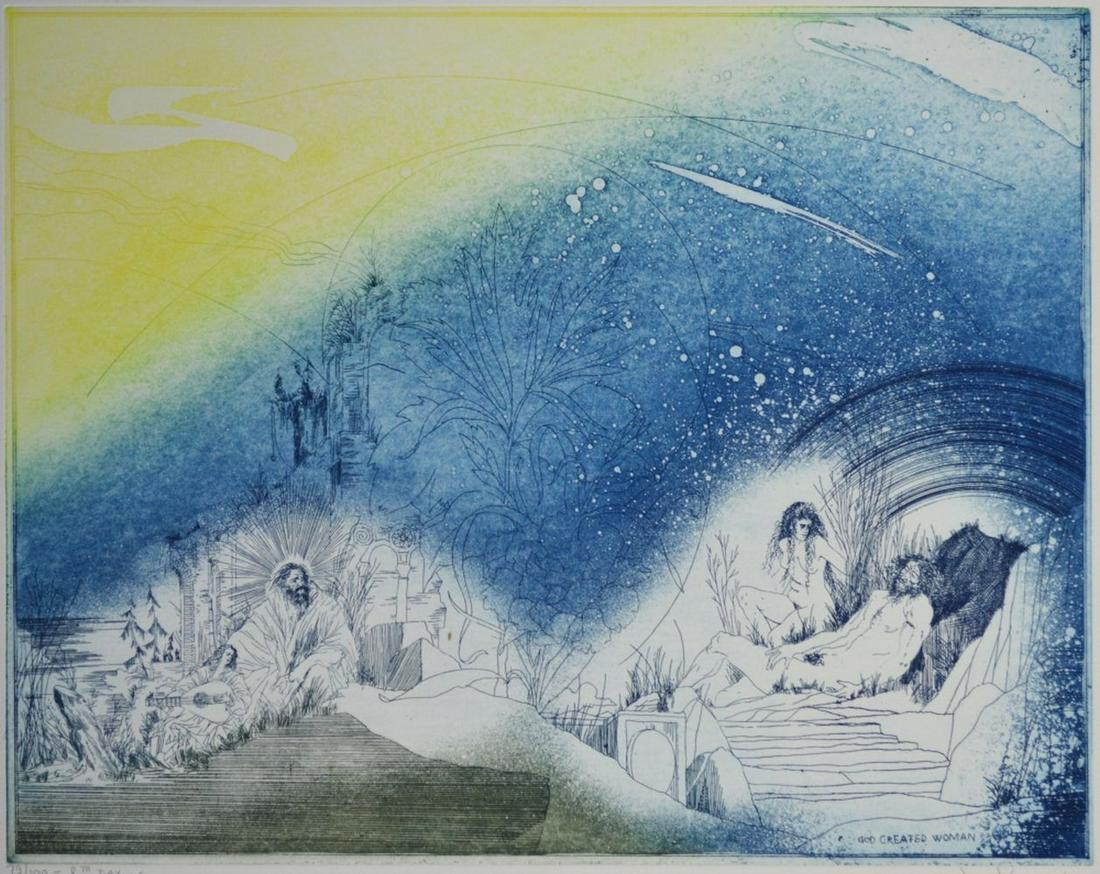 JOE A. PECSENKE 1942-1989 SIGNED ETCHING AQUATINT: Joe A. Pecsenke (1942-1989 / Sweden). An original etching with aquatint from Pecsenke's 8th day series (God Created Woman). Titled Signed and #'d, in pencil, from the edition of 100. On Arches waterma
