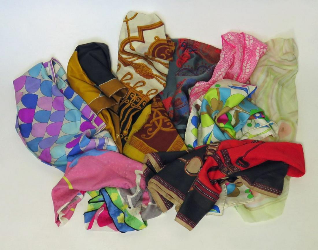 LOT (9) DESIGNER SILK SCARVES: Lot (9) designer scarves including; Alice Landais, Burmel, Vera Neuman, others. Measurements; 9 X 30"-30 X 30"