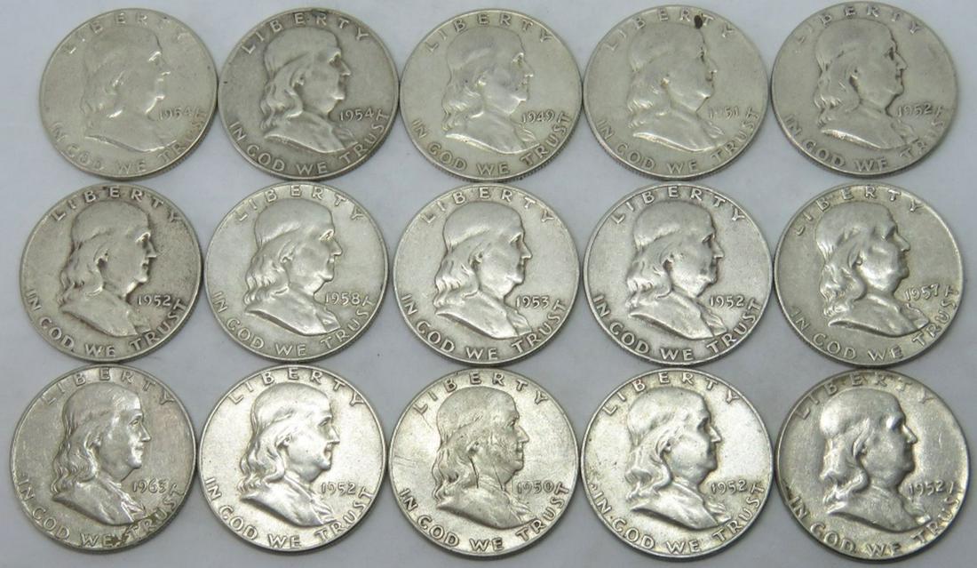 LOT 15 SILVER FRANKLIN HALF DOLLAR COINS (1 of 4)