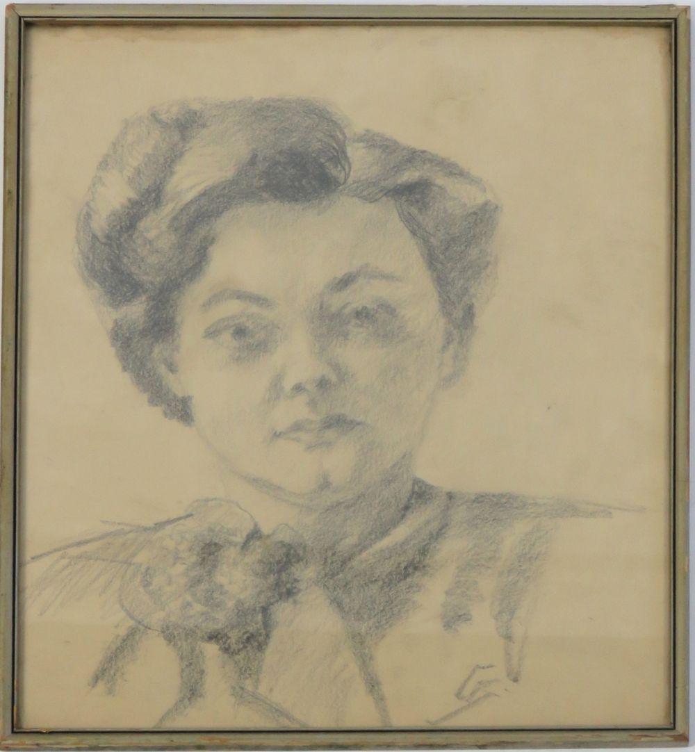 LATVIAN SCHOOL DRAWING 20TH CENTURY: Latvian School (20th century) charcoal sketch of a woman, monogrammed. Measures; 15 1/2 X 13"