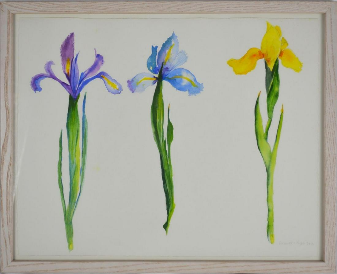 AMERICAN SCHOOL WATERCOLOR: American School (20th century Hamptons) watercolor on paper, Dutch iris, signed. Measures: H 17" x W 21 1/4" Paper: 15" x 19" Provenance: Collection of Dick Polich, Polich Tallix Fine Art Foundry. Pol