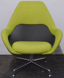 COALESSE BY STEELCASE SW1 LOUNGE CHAIR: A modern design Coalesse SW_1 by Steelcase lounge chair. Chair is upholstered in a fine lime fabric with mesh back on a polished aluminum frame. Designed by Scott Wilson and MINIMAL. Measure: H